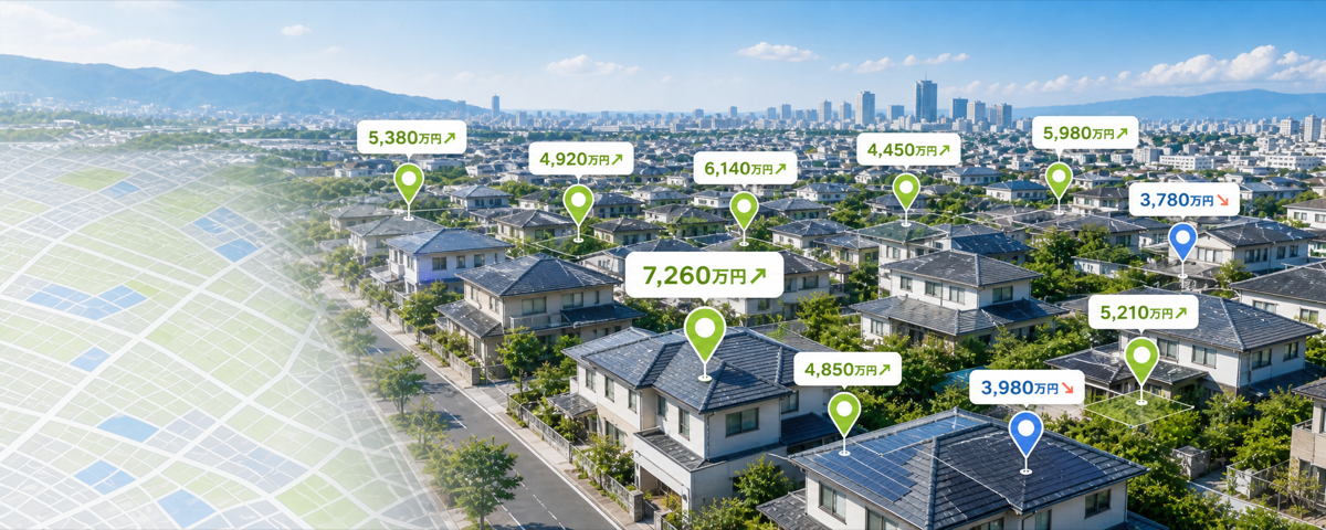 住宅街の地図上に査定価格ピンが表示されるイメージ